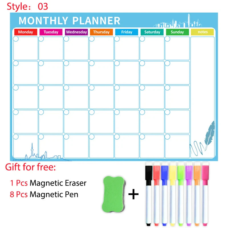 A3 Dry Erase Whiteboard Fridge Calendar – Weekly & Monthly Planner in Spanish, French, English