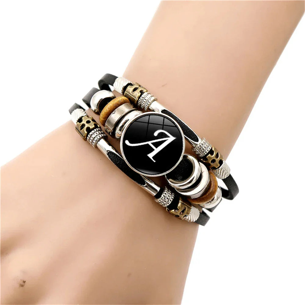 Retro A-Z Initial Alphabet Bracelet – Adjustable Leather & Handmade Rope Bangle for Men & Boys, Perfect Gift Jewelry