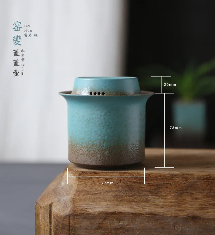 Kiln-Change Vintage Spring Green Pottery Tea Set – 1 Pot & 4 Cups, Simple Small Set for Outdoor or Tea Room