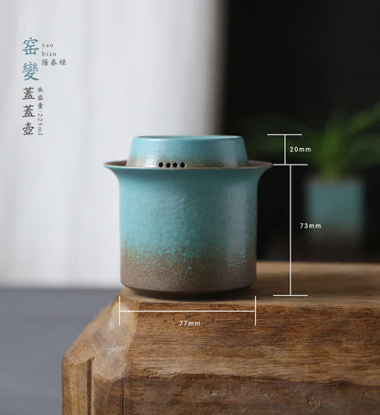 Kiln-Change Vintage Spring Green Pottery Tea Set – 1 Pot & 4 Cups, Simple Small Set for Outdoor or Tea Room