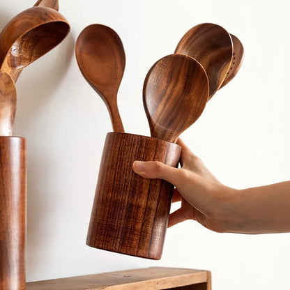Wood Kitchenware Cooking Set – Household Spatula, Spoon, Fork & Salad Utensils with Storage Bucket