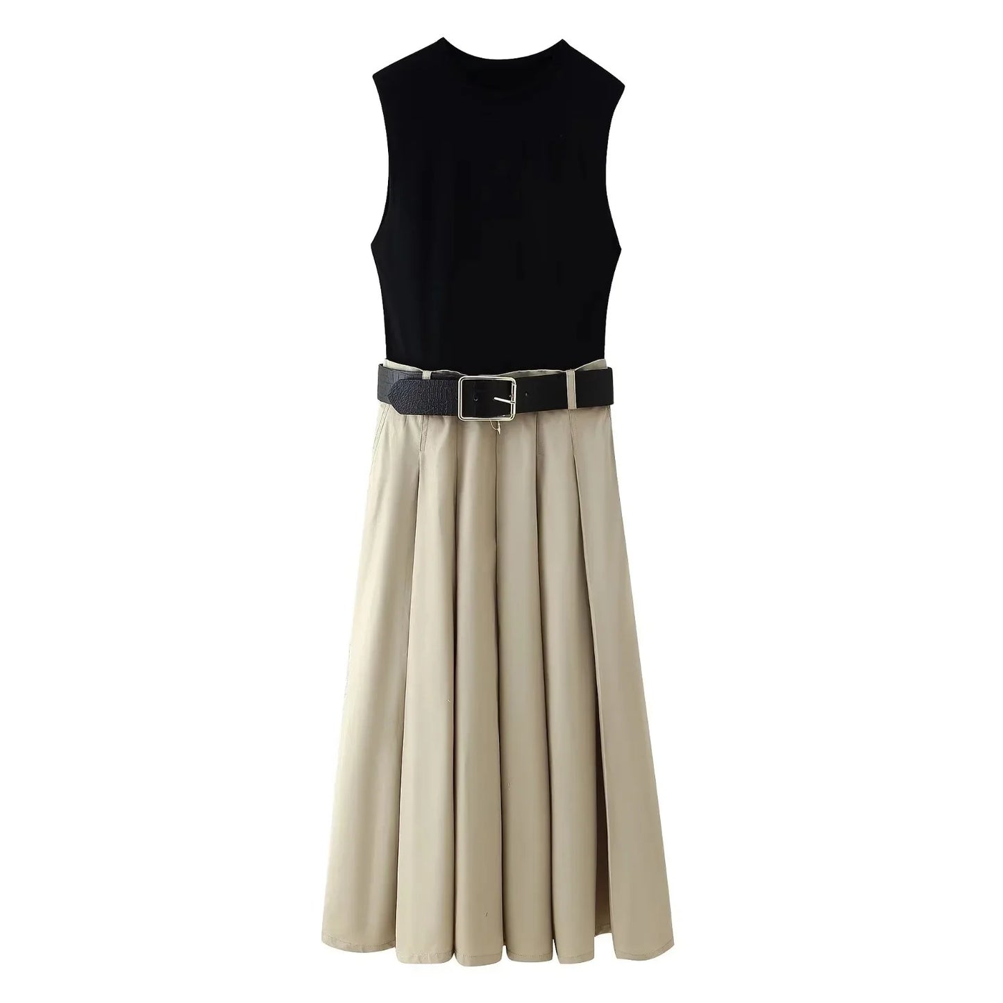 2025 Women’s Summer Dress Set – Sleeveless Panelled Long Skirt with Belt, Elegant Casual Party & Everyday Dress