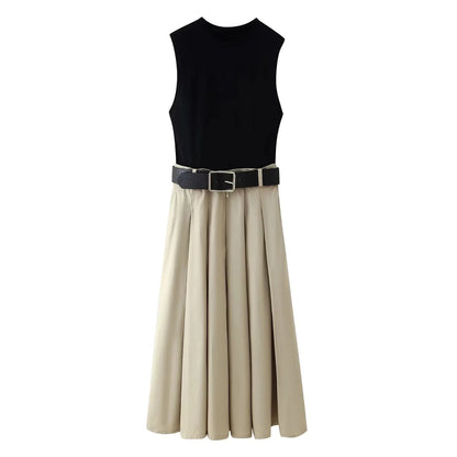 2025 Women’s Summer Dress Set – Sleeveless Panelled Long Skirt with Belt, Elegant Casual Party & Everyday Dress