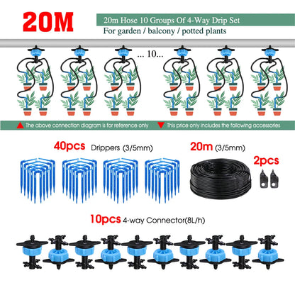 MUCIAKIE 4/2-Way Drip Irrigation System Kit – 100–10M 8L Watering Dripper Sprinkler for Potted Plants & Garden Use