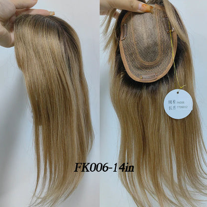 Brown Blonde Ombre Human Hair Toppers for Women – 10/12/14 Inches with Silk Base, Clips, and Bangs