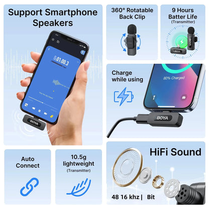 BOYA BY-V3 Wireless Lavalier Lapel Microphone – Noise-Cancelling Rechargeable Mic for iPhone, Android, Camera & Vlogging