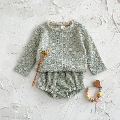 Summer European Style Baby Onesie Set – Floral Embroidery Long Sleeve Top & Shorts, Breathable 2-Piece Outfit