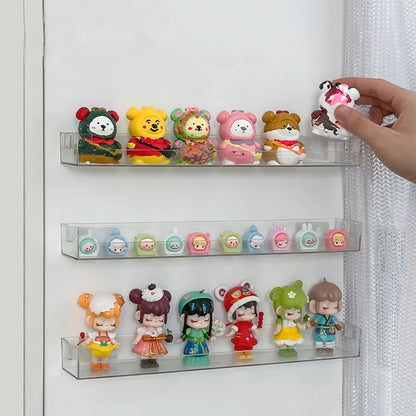 Wall Mounted Glasses & Storage Rack — No Punch Floating Shelf Organizer with Transparent PET Display Stand