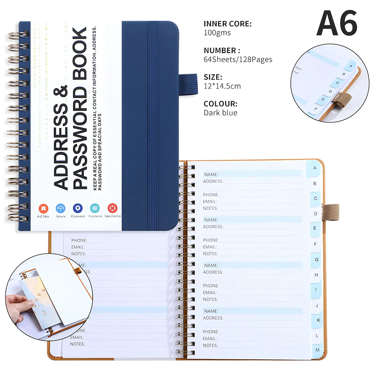 A6 Password Book with PP Coil – English Address & Password Organizer, Thick Horizontal Notebook for Office Use
