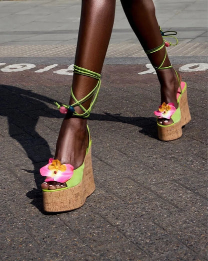 Summer Platform Wedge Sandals for Women – Open Toe Waterproof Thick Sole Heels with Flower Lace for Party & Wedding