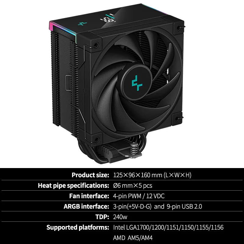 DEEPCOOL AK500S CPU Air Cooler – 5 Heat Pipes 240W TDP Silent Heatsink with 120mm FDB Fan & Digital Display Radiator Cooling System
