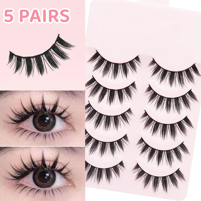 DINGSEN 5 Pairs Manga Style False Eyelashes — Soft, Natural, Long Anime Wispy Strip Lashes for Makeup