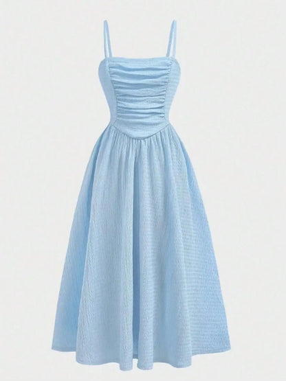 Youth Girls Midi Dress - Light Blue Square Neck Ruched Cami Summer Dress