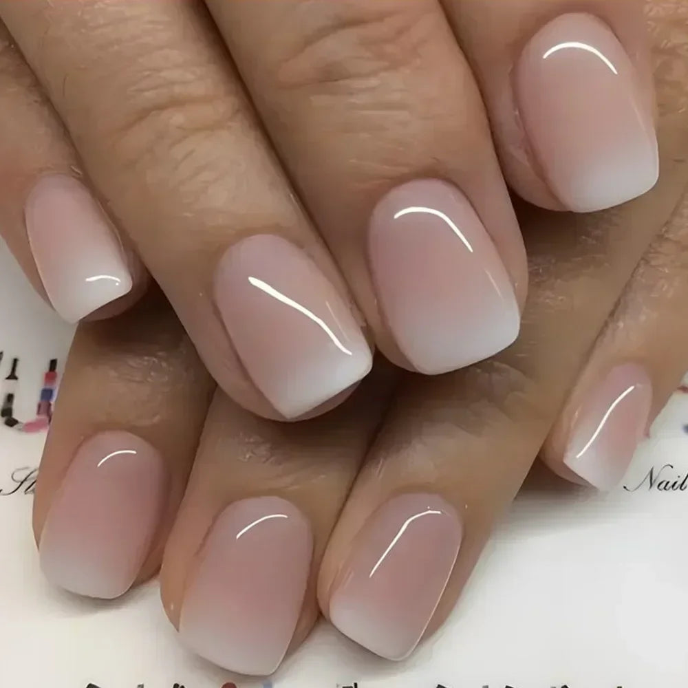 24PCS Short Square Coffin False Nails – French Glitter Acrylic Press-On Nail Tips with Glue, Wearable Fake Nails Set