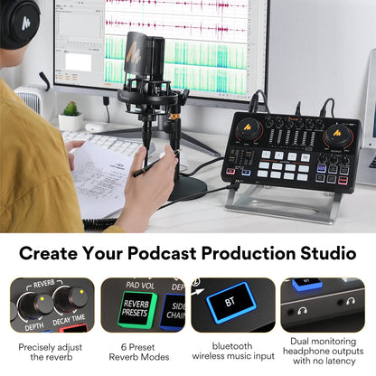 Maono AME2 Audio Interface Mixer - All-in-One Portable Podcast Studio for Recording, Live Streaming, YouTube, Guitar & PC