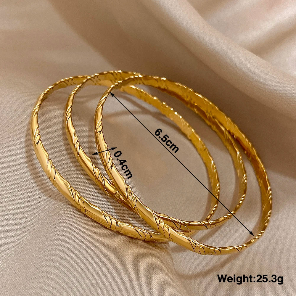 3Pcs Gold Plated Twist Stainless Steel Bangle Bracelet Set for Women – Waterproof Tibetan Buddha Stackable Wrist Jewelry
