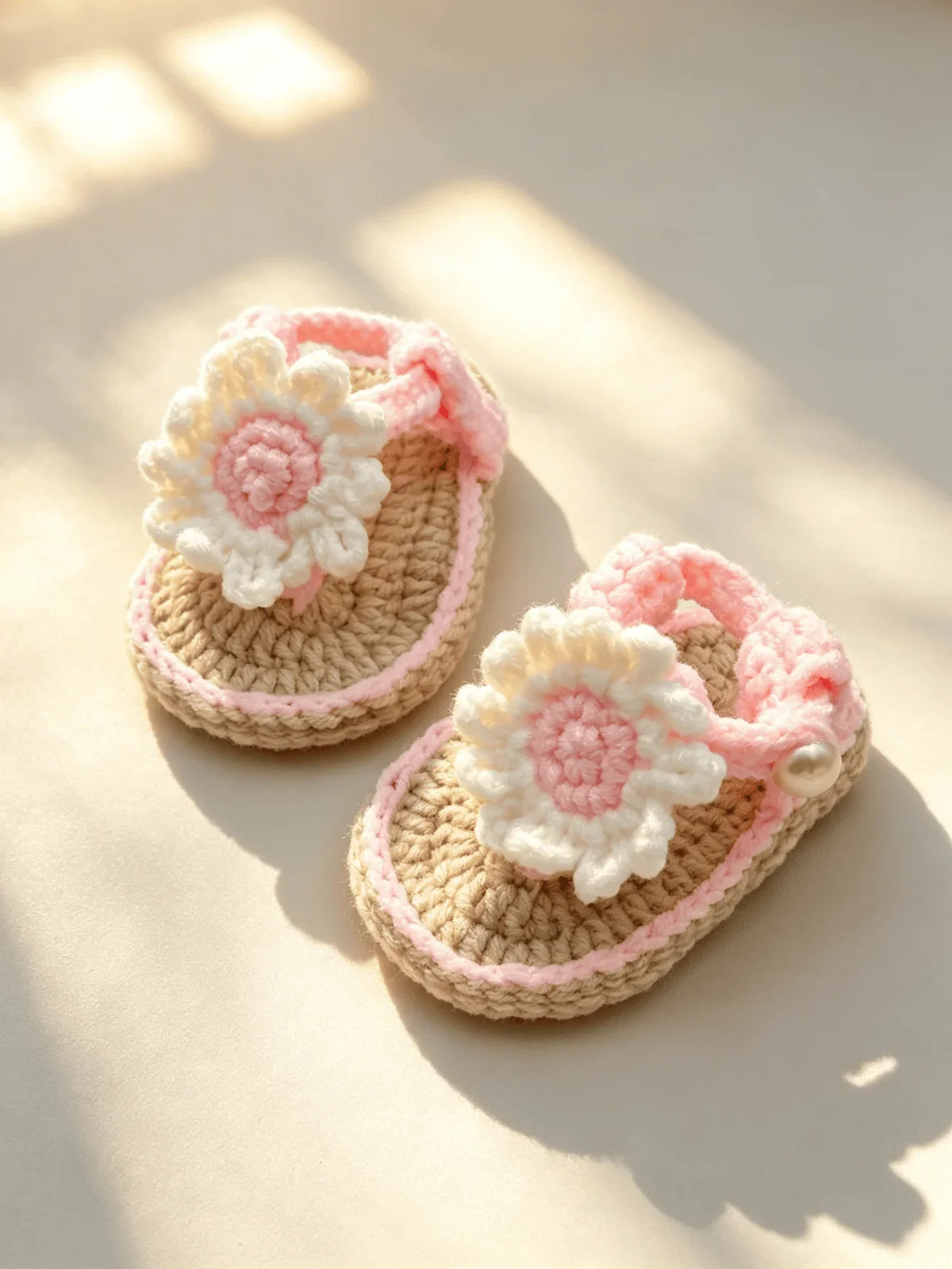 Handmade Crochet Baby Girl Sandals - Pink & Beige Flower Pearl Newborn Booties
