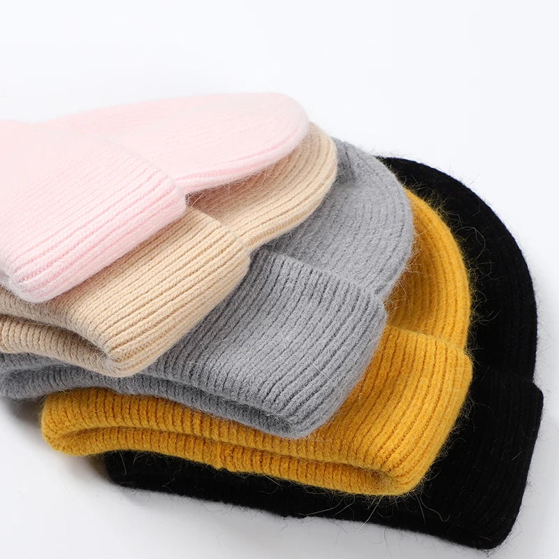Women's Real Rabbit Fur Winter Hat - Fashionable Warm Beanie, Solid Color Adult Head Cover Cap