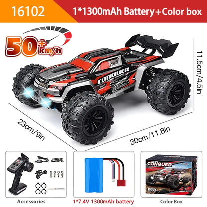 16103 Fast RC Cars – 50km/h 1/16 Off-Road 4WD Monster Truck with LED Headlights, 2.4G Waterproof Remote Control for Adults & Kids