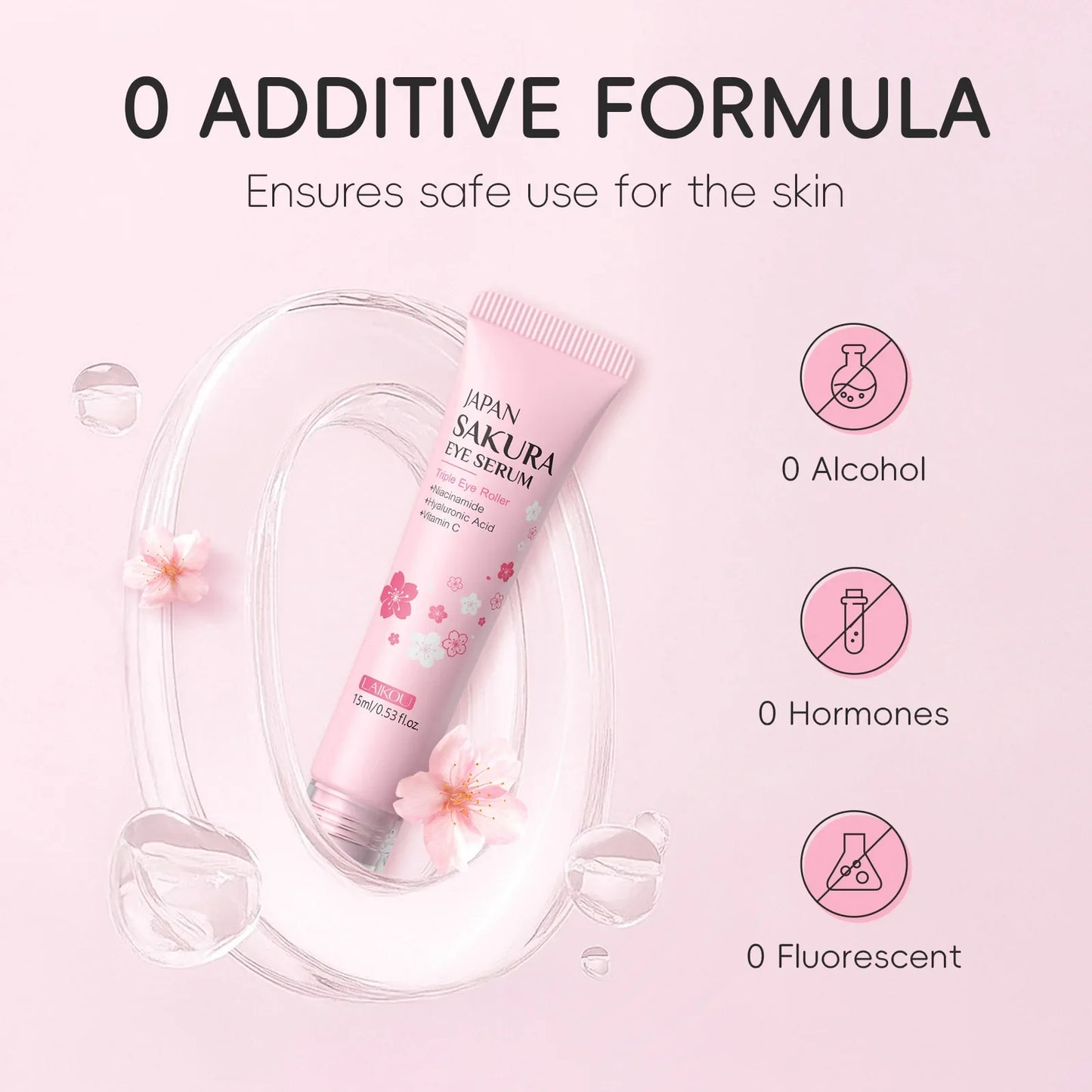 LAIKOU Sakura Eye Serum Roller — Hyaluronic Acid Moisturizing Cream for Eye Bags & Dark Circles, 15ml