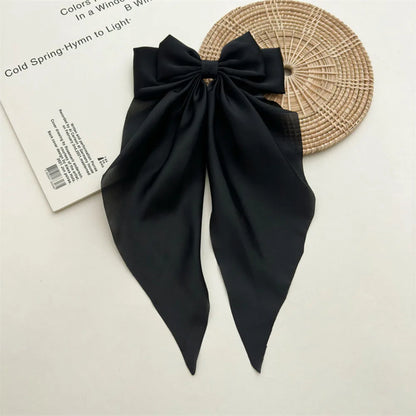 Ladies Satin Oversized Ribbon Bow Hair Clip – White, Pink, Red, Blue, Black, Long Tail Spring Clip for Ponytail Hair Accessories