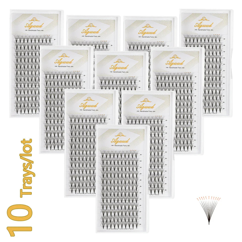 AGUUD 10-Tray Premade Volume Lashes – Super Fans with Needle Stem & Narrow Base for Eyelash Extensions