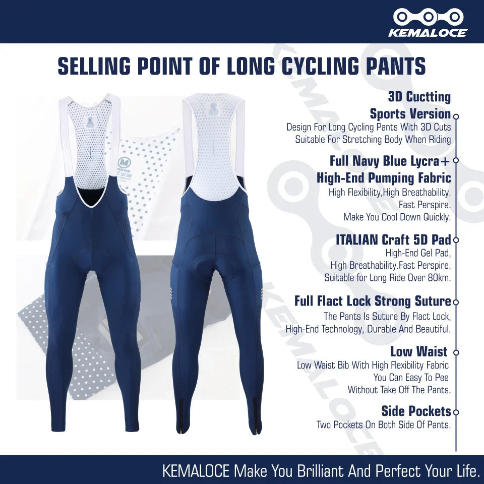 KEMALOCE Men's Cycling Long Pants, Autumn Blue & Grey, Gel Pad, Reflective Bike Bib, Breathable Bicycle Trousers with Rear Pocket