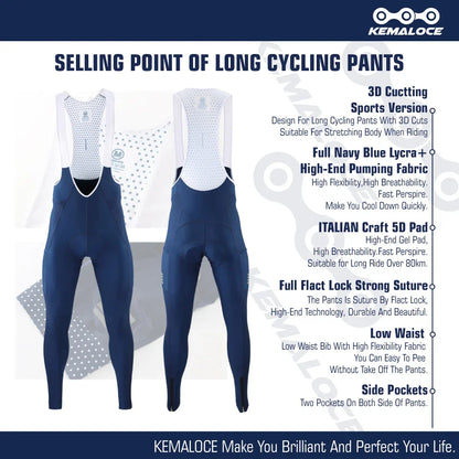 KEMALOCE Men's Cycling Long Pants, Autumn Blue & Grey, Gel Pad, Reflective Bike Bib, Breathable Bicycle Trousers with Rear Pocket