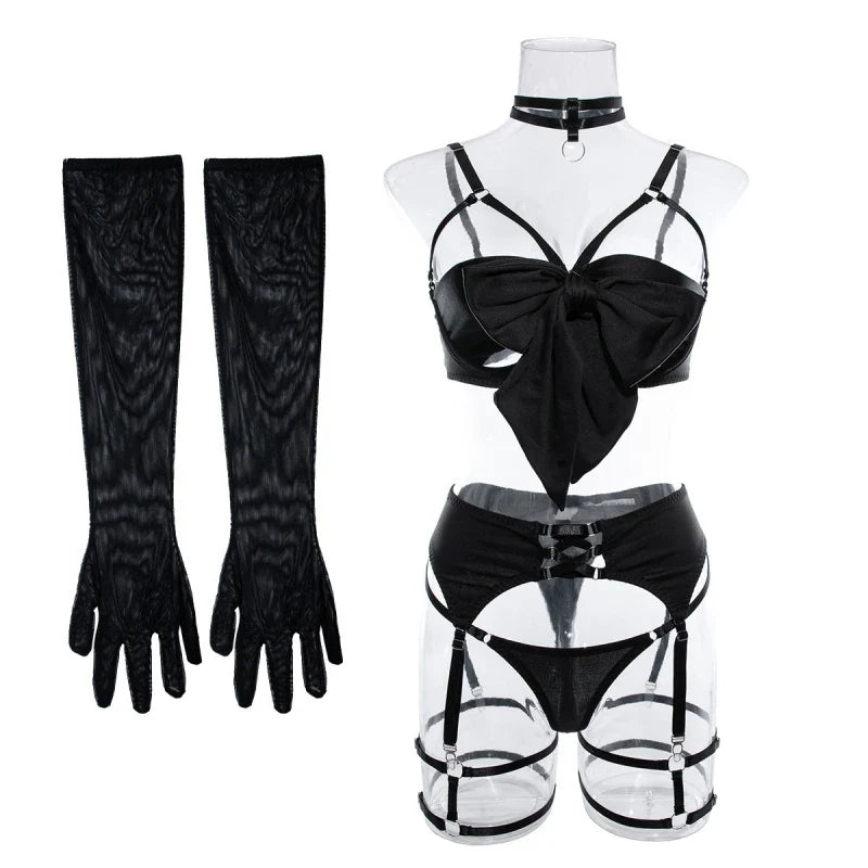 Push-Up Bikini Set - Hollow-Out Three-Piece Swimsuit with Garter Belt & Gloves