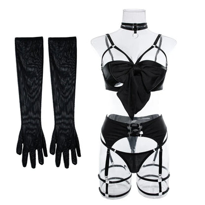 Push-Up Bikini Set - Hollow-Out Three-Piece Swimsuit with Garter Belt & Gloves