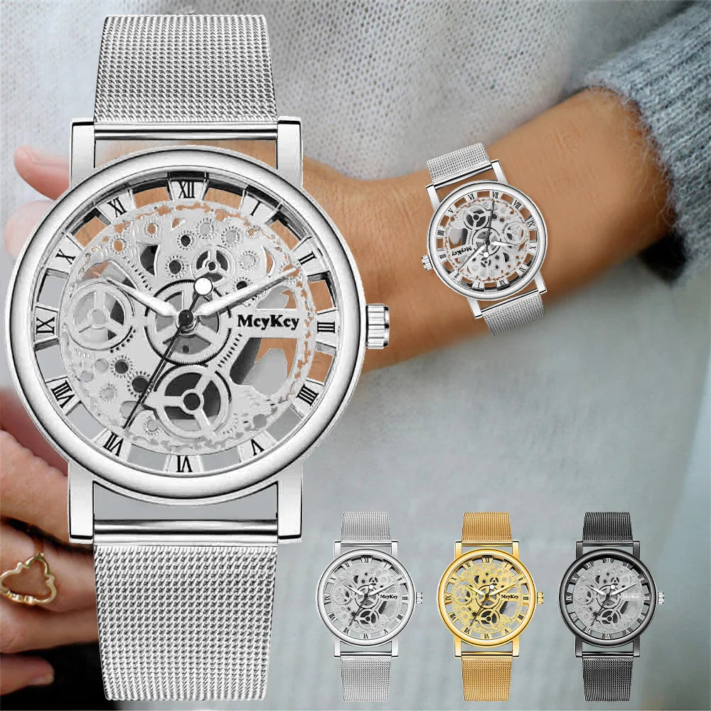 New Fashion Women's Hollow Skeleton Faux Mechanical Watch - Metal Mesh Quartz Wristwatch, Relogio Feminino for Ladies