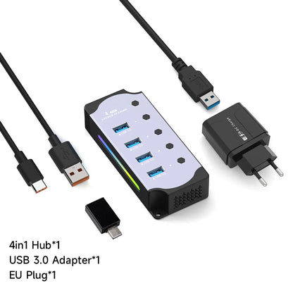 10-in-1 USB 3.0 Powered Hub — RGB E-Marker with Individual Switches & Heat Dissipation, DC 5V Adapter