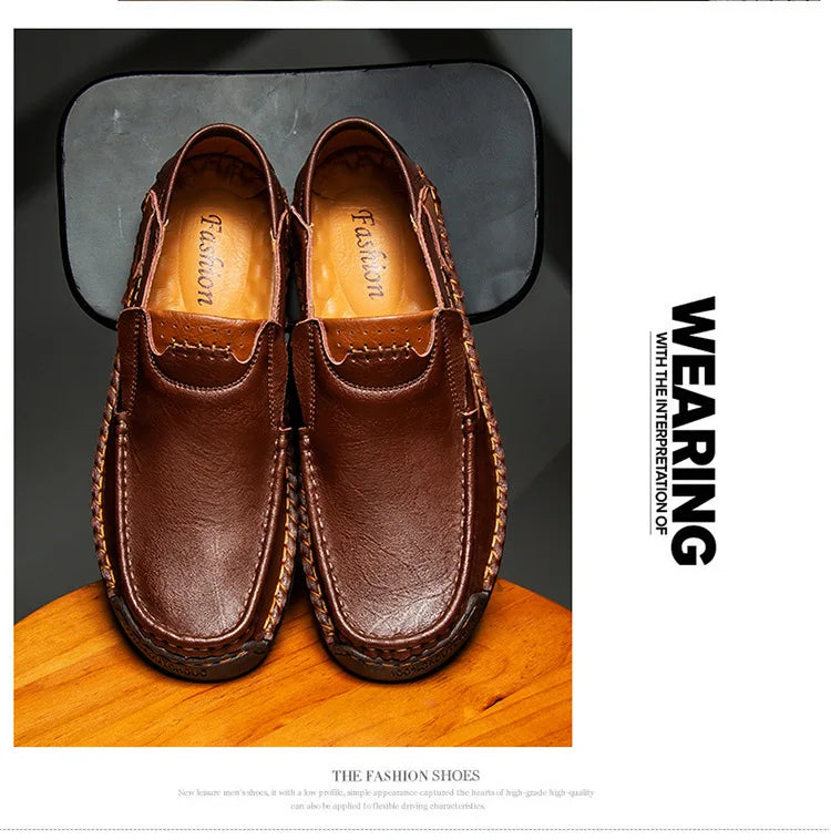 Handmade Leather Men’s Loafers – Casual Slip-On Flats, Comfortable Outdoor Walking Shoes