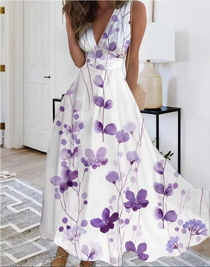 Women's Summer V Neck Maxi Dress - Sleeveless High Waist Elegant Print Dress for Office & Holiday Wear