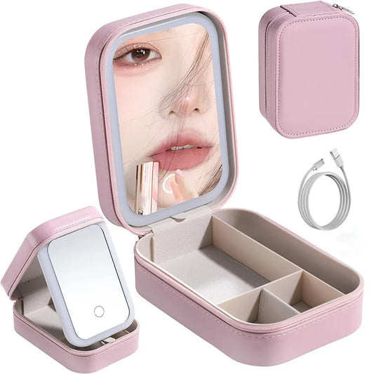 LED Makeup Bag with Mirror – Portable Cosmetic Storage for Women, Small Lipstick & Brush Organizer with Wireless Light