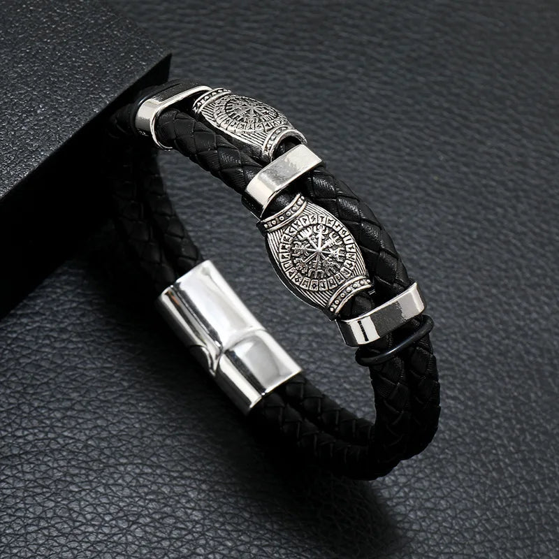 Fashion Men’s Multi-Layer Braided Leather Bracelet – Scripture, Compass & Evil Eye Design