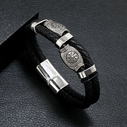 Fashion Men’s Multi-Layer Braided Leather Bracelet – Scripture, Compass & Evil Eye Design