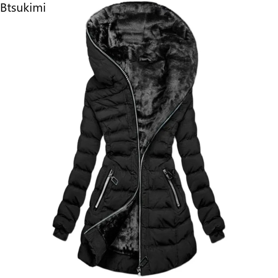 2025 Women’s Winter Parka – Hooded Solid Zipper Midi Coat with Pockets, Slim Fit Long Sleeve Warm Casual Jacket