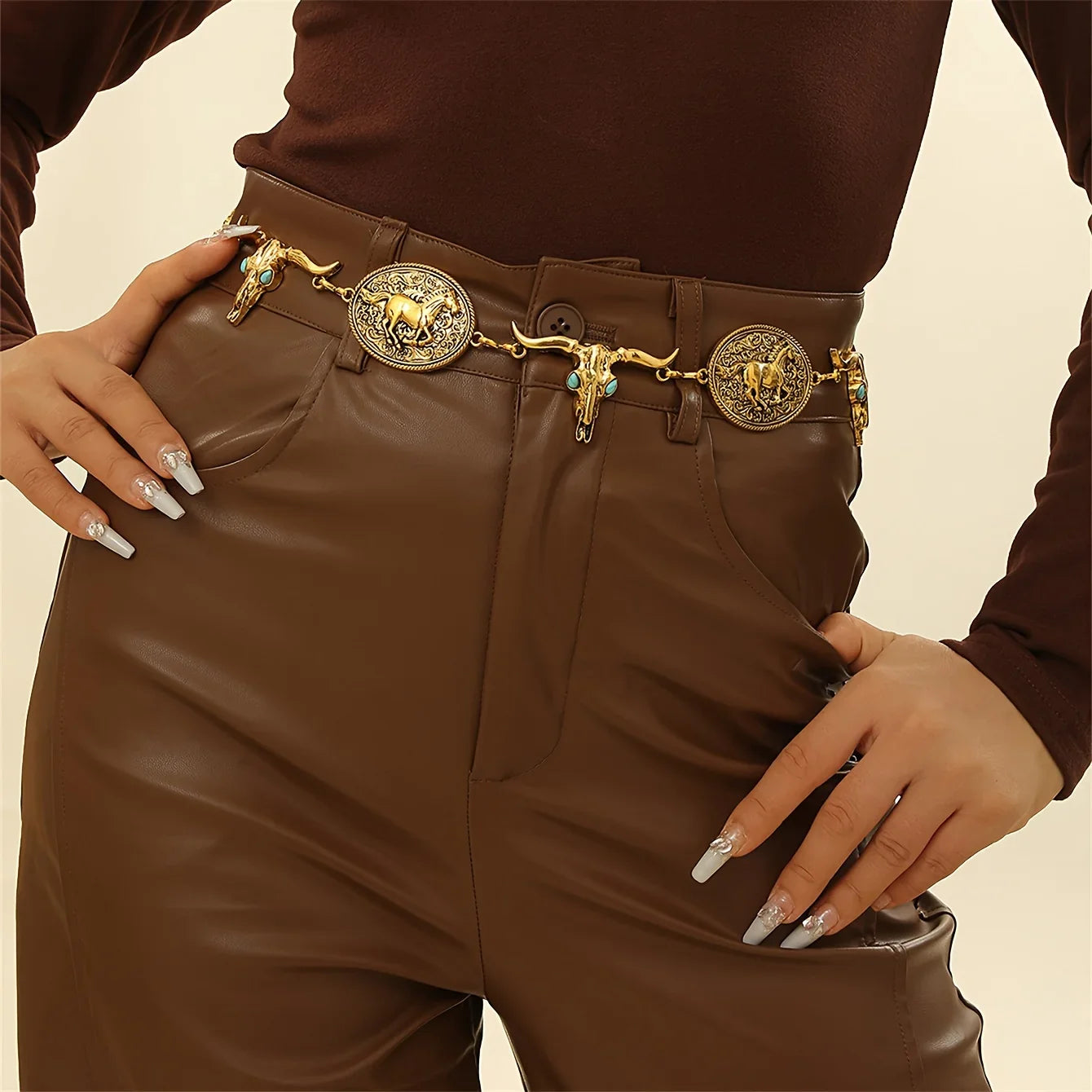 Western Horse Bull Waist Chain – Vintage Boho Adjustable Body Jewelry Belt for Women, Daily Use Dress Girdle