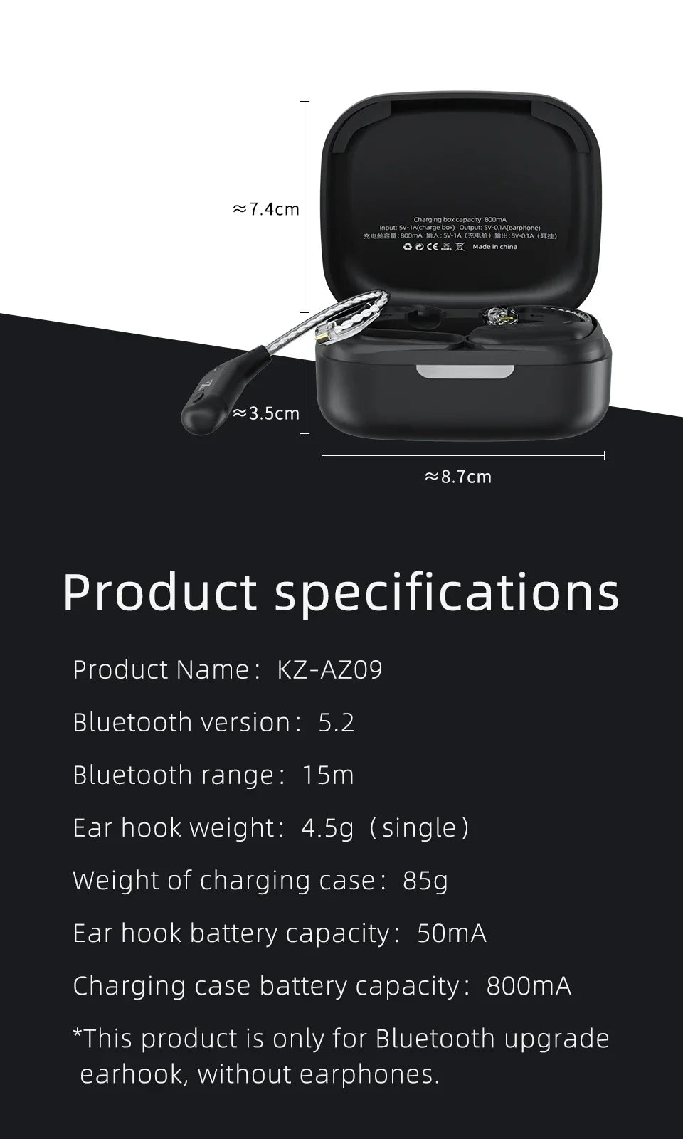 KZ AZ09 HD Bluetooth Earphones – Wireless HIFI Ear Hook Headset with Charging Case, Compatible with KZ EDXPRO ZSNPRO ZS10PRO