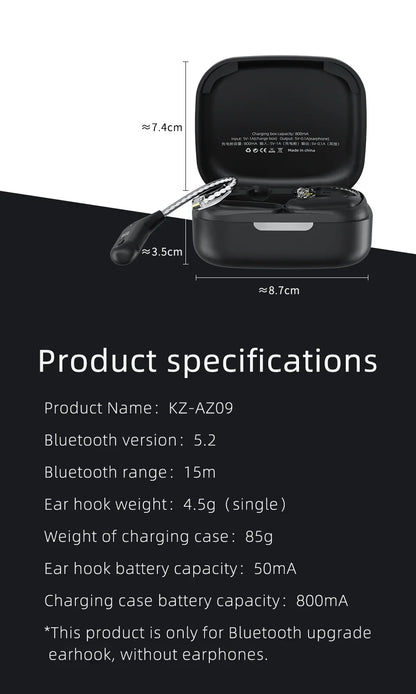 KZ AZ09 HD Bluetooth Earphones – Wireless HIFI Ear Hook Headset with Charging Case, Compatible with KZ EDXPRO ZSNPRO ZS10PRO