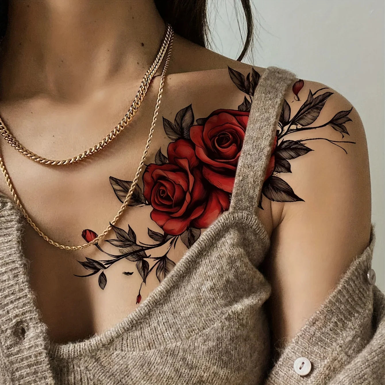 2pcs Colorful Rose Floral Temporary Tattoo Stickers - Waterproof Large Flower Body Art for Shoulder, Arm, Chest & Leg