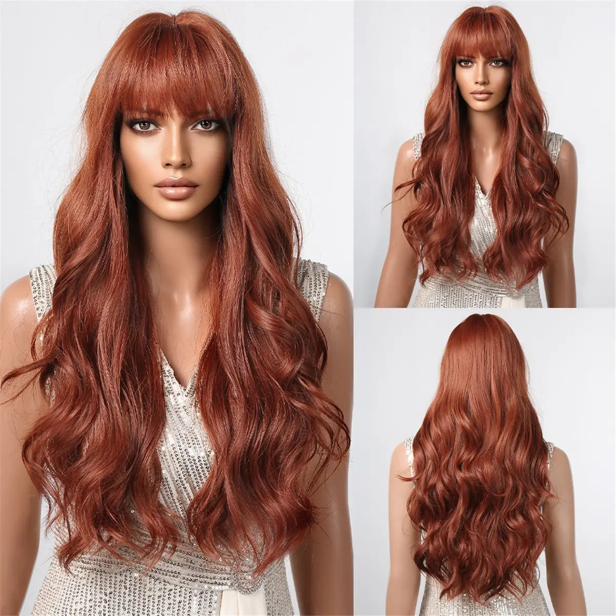 Brown Long Wavy Wig for Women with Bangs — Natural-Look Synthetic Hair, Heat-Resistant for Daily & Cosplay