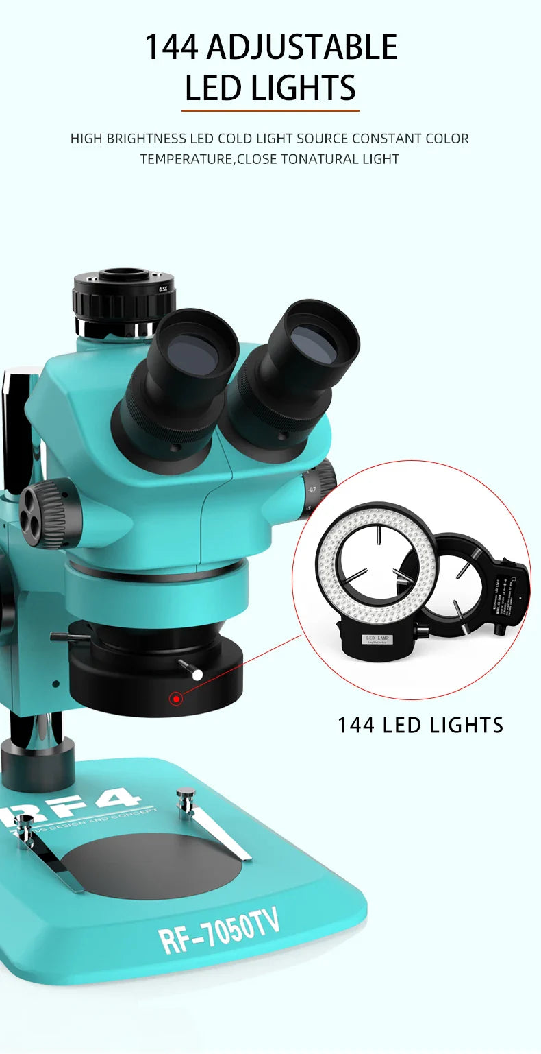 RF4 7-50X Trinocular Continuous Zoom Stereo Microscope – WF10X/22mm Eyepiece, Ideal for Mobile Phone PCB Welding & Repair