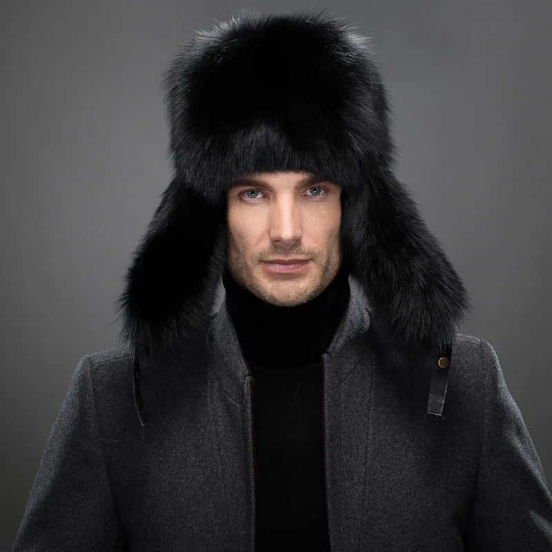 Men's Luxury Fox Fur Lei Feng Hat with Ear Flaps - 100% Sheepskin Top, Real Fur Winter Cap