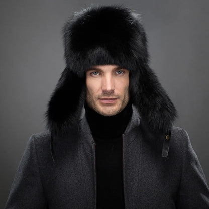 Men's Luxury Fox Fur Lei Feng Hat with Ear Flaps - 100% Sheepskin Top, Real Fur Winter Cap