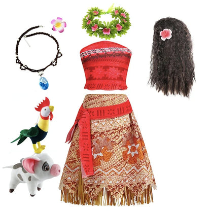 Disney Moana Princess Dress Costume Set - Kids Girls Vaiana Cosplay with Headwear, Necklace & Pet Accessories