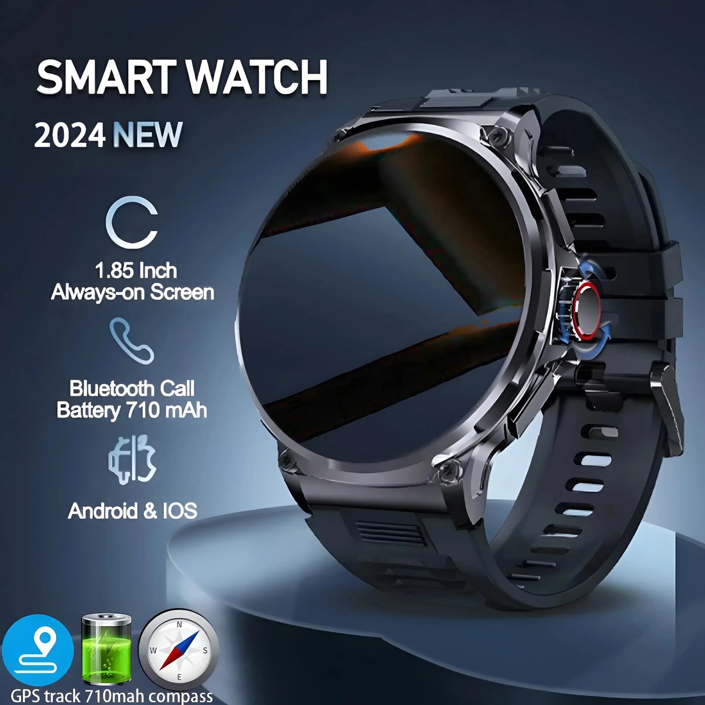 New 710mAh Bluetooth Smartwatch for Men – 1.85" HD Screen, Heart Monitor, Waterproof Fitness Watch for Android & iOS