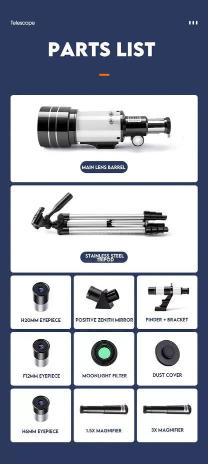 150X Astronomical Telescope – 70mm Refractor Portable Travel Scope with Phone Adapter & Wireless Remote