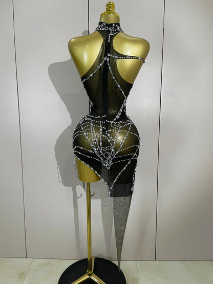 Sparkly Diamond Mesh Asymmetric Bodycon Mini Dress — Sexy Women Nightclub Party Gogo Dancer Stage Costume